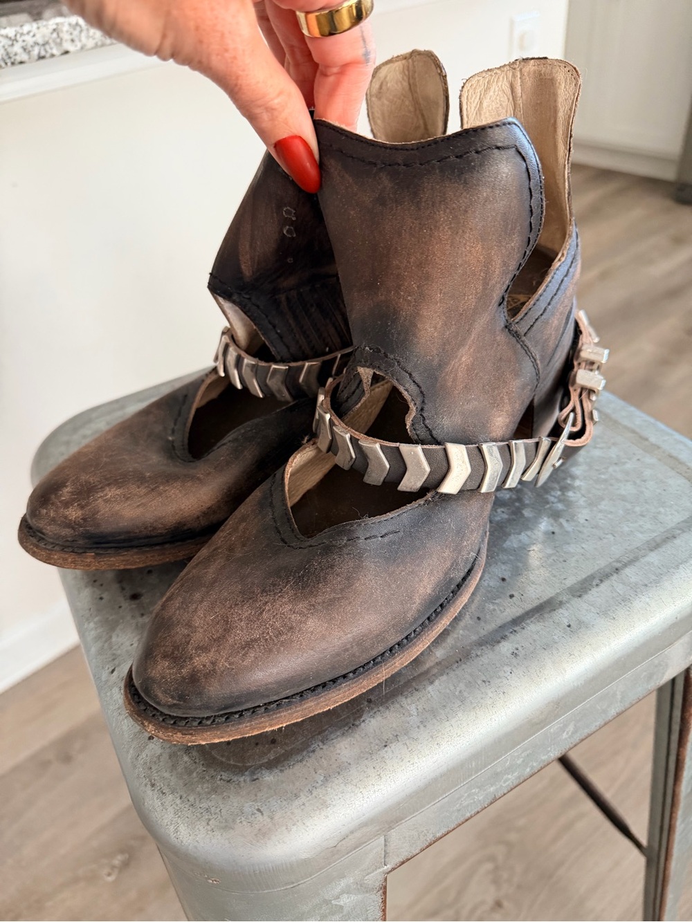 Women’s Distressed Brown Leather Cutout Boots with Silver Accent Strap